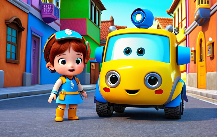 **
"Robocar Poli team (Poli, Amber, Roy, Helly) helping a lost child. Focus on teamwork, friendship, and problem-solving. Bright, colorful animation style."
**