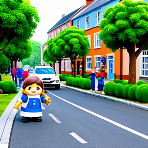 Home 21 **
"A bustling street scene in Broomstown, featuring well-maintained buildings and friendly people. A factory is visible in the background, symbolizing economic activity. Robocar Poli and Amber are present, Poli directing traffic and Amber assisting someone. Children are planting flowers in a small garden. Safe for work, appropriate content, fully clothed, professional, perfect anatomy, natural proportions, bright daylight, family-friendly setting, modest clothing, well-formed hands, proper finger count, natural body proportions."
**