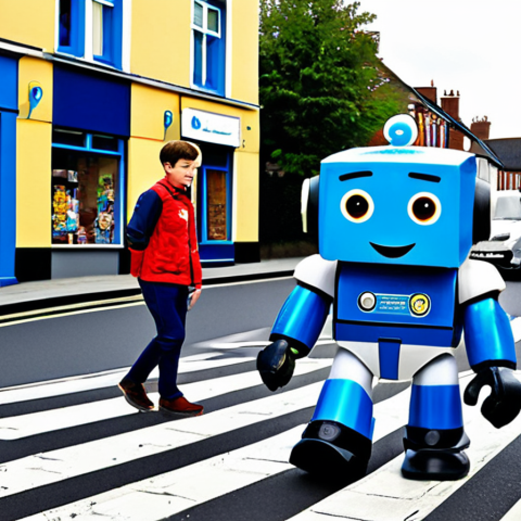 ** Robocar Poli and his team helping children cross a busy street in Broomstown, safe for work, appropriate content, fully clothed, professional, perfect anatomy, natural proportions.

**