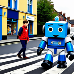 ** Robocar Poli and his team helping children cross a busy street in Broomstown, safe for work, appropriate content, fully clothed, professional, perfect anatomy, natural proportions.

**