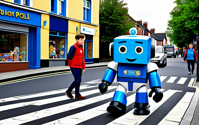 ** Robocar Poli and his team helping children cross a busy street in Broomstown, safe for work, appropriate content, fully clothed, professional, perfect anatomy, natural proportions.
**