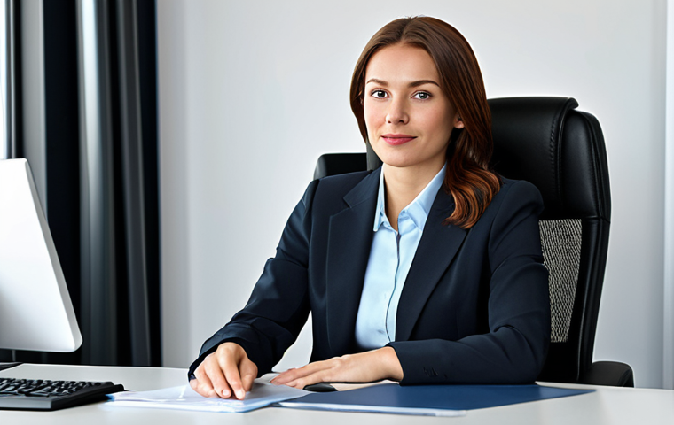 로보카폴리 캐릭터의 스토리 성장 - Businesswoman**
"A professional businesswoman in a modest business suit, sitting at a desk in a mod...