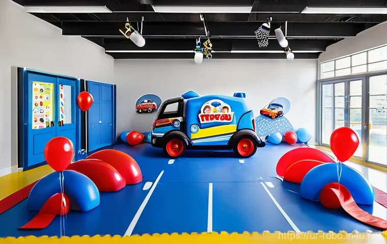 로보카폴리 키즈파티 - **Robocar Poli Rescue Party Decorations:**
A vibrant and joyful indoor birthday party scene, tra...