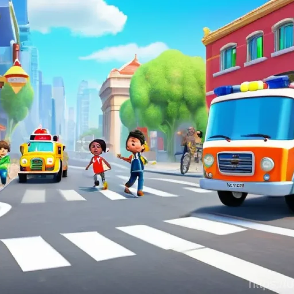 로보카폴리의 대표적인 캐릭터 - **Prompt 1: Road Safety Heroes**
"A vibrant, animated scene featuring Robocar Poli, Roy the fire...