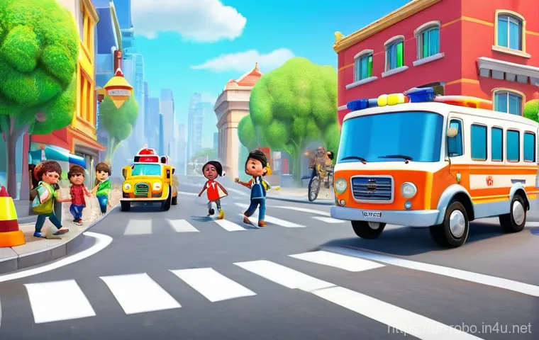 로보카폴리의 대표적인 캐릭터 - **Prompt 1: Road Safety Heroes**
"A vibrant, animated scene featuring Robocar Poli, Roy the fire...