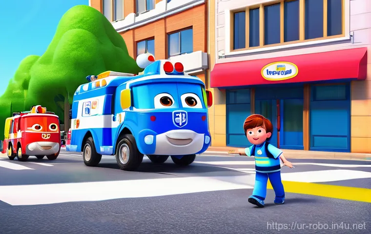 로보카폴리 제작 과정의 디테일 - **Prompt:** A vibrant, cheerful 3D animated scene of the Robocar Poli rescue team – Poli (blue polic...