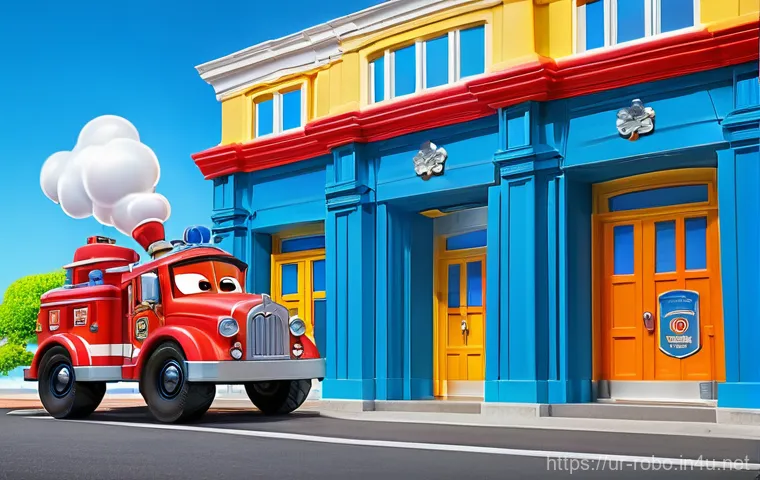 로보카폴리 제작 과정의 디테일 - **Prompt:** A vibrant, cheerful 3D animated scene of the Robocar Poli rescue team – Poli (blue polic...