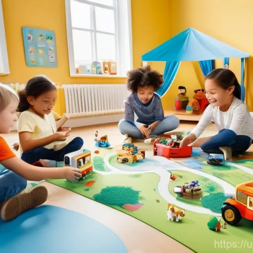 로보카폴리 팬스토리 - A cheerful and diverse group of children, aged 6-10, are gathered in a brightly lit, imaginative pla...