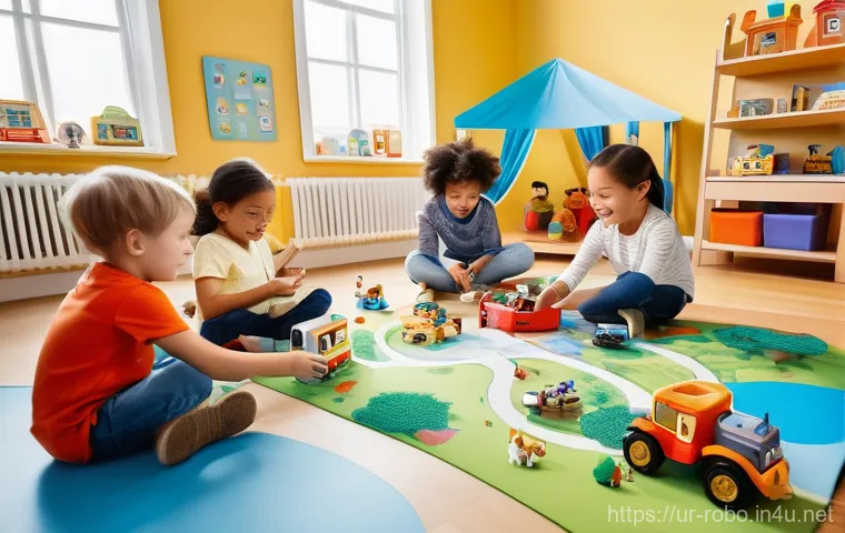 로보카폴리 팬스토리 - A cheerful and diverse group of children, aged 6-10, are gathered in a brightly lit, imaginative pla...