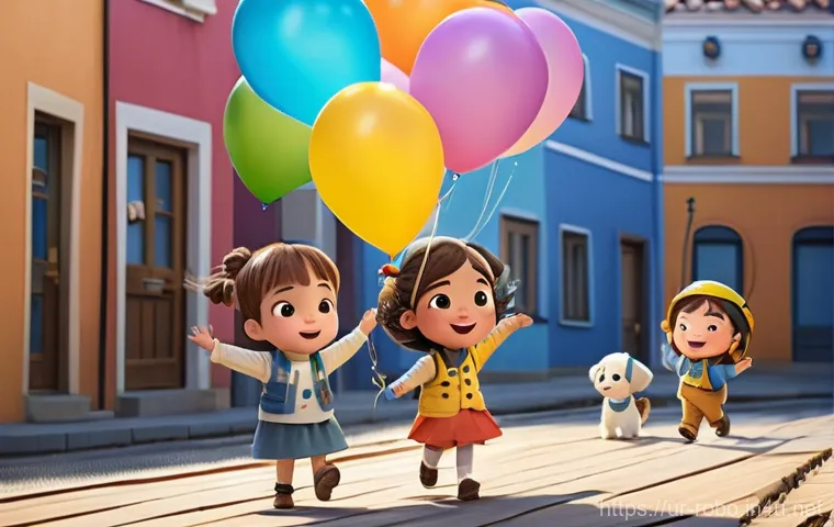 로보카폴리 팬스토리 - A cheerful and diverse group of children, aged 6-10, are gathered in a brightly lit, imaginative pla...