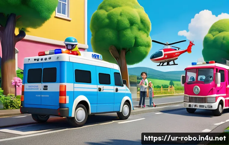로보카폴리 브룸스타운 주민들 - **Prompt:** An animated scene in the vibrant town of Broomstown, where the heroic Robocar Poli rescu...