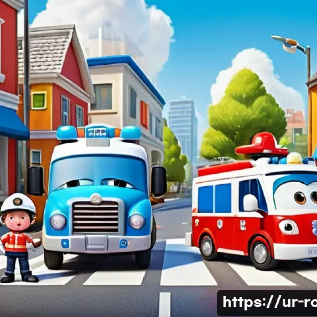 로보카폴리 애니메이션 장르 분석 - A vibrant scene of RoboCar Poli and his friends&mdash;Poli the police car, Amber the ambulance, and Roy th...