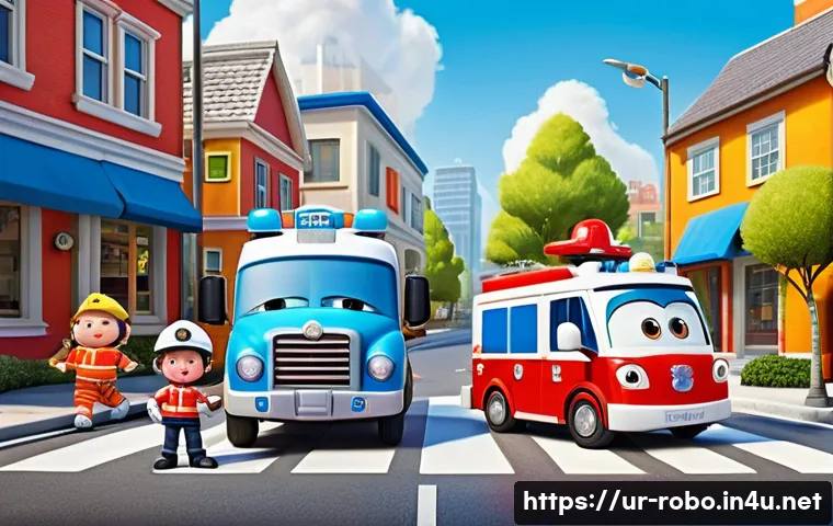 로보카폴리 애니메이션 장르 분석 - A vibrant scene of RoboCar Poli and his friends—Poli the police car, Amber the ambulance, and Roy th...