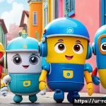 Home 22 로보카폴리와 디자인 철학 - A vibrant and colorful scene featuring child-friendly cartoon characters inspired by Robocar Poli, e...