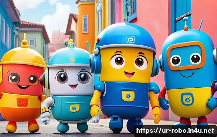 로보카폴리와 디자인 철학 - A vibrant and colorful scene featuring child-friendly cartoon characters inspired by Robocar Poli, e...