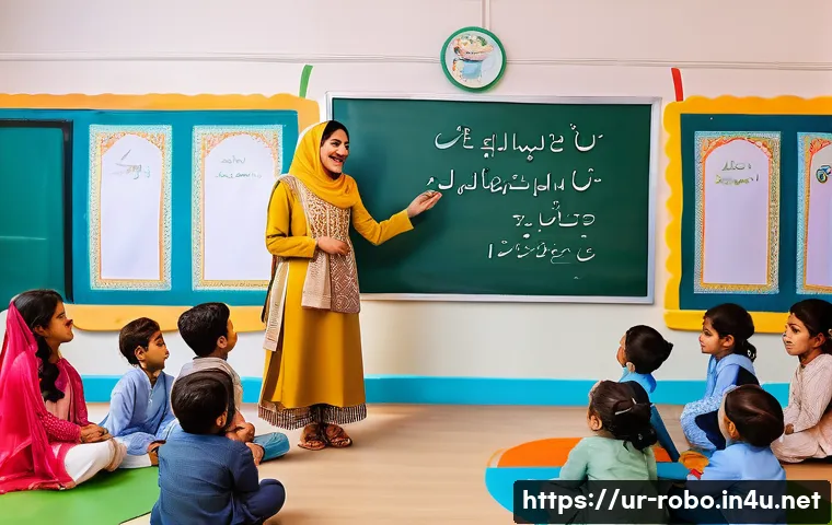 로보카폴리와 언어 학습 - A vibrant and colorful classroom scene in a Pakistani preschool, featuring children aged 4-6 wearing...