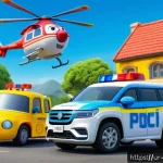 Home 19 로보카폴리의 재미있는 설정 - A vibrant scene featuring Robocar Poli as the brave and responsible leader in a bustling urban rescu...