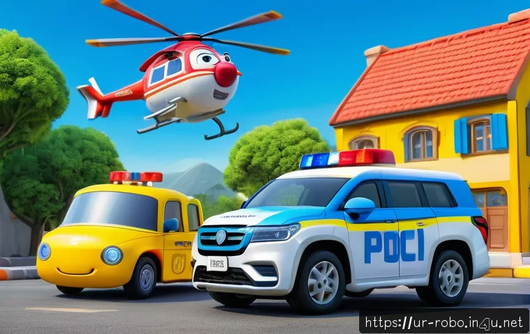 로보카폴리의 재미있는 설정 - A vibrant scene featuring Robocar Poli as the brave and responsible leader in a bustling urban rescu...