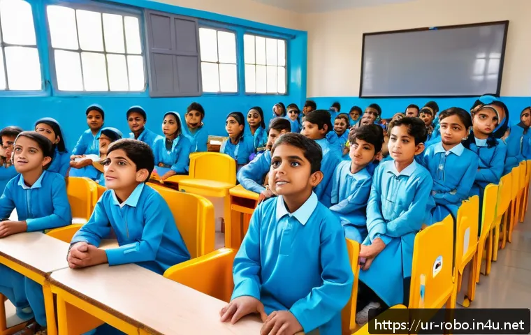 로보카폴리와 함께하는 안전 교육 - A vibrant classroom scene in a Pakistani school where children aged 6-8, wearing modest school unifo...