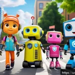 Home 23 로보카폴리 기획 단계 - A colorful and vibrant scene featuring Robocar Poli characters Poli, Helly, and Roy in a lively urba...