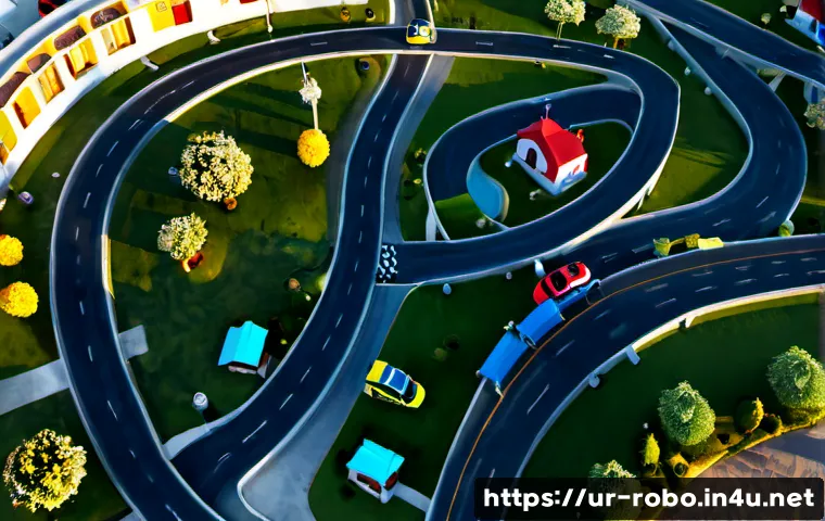 로보카폴리 브룸스타운 지도 - Photorealistic tabletop city map of a cheerful coastal rescue town, featuring tiny blue police car, ...