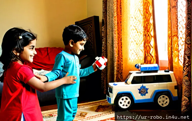 로보카폴리와 창의성 - Photorealistic Pakistani family living room, two cheerful children in modest colorful clothes buildi...