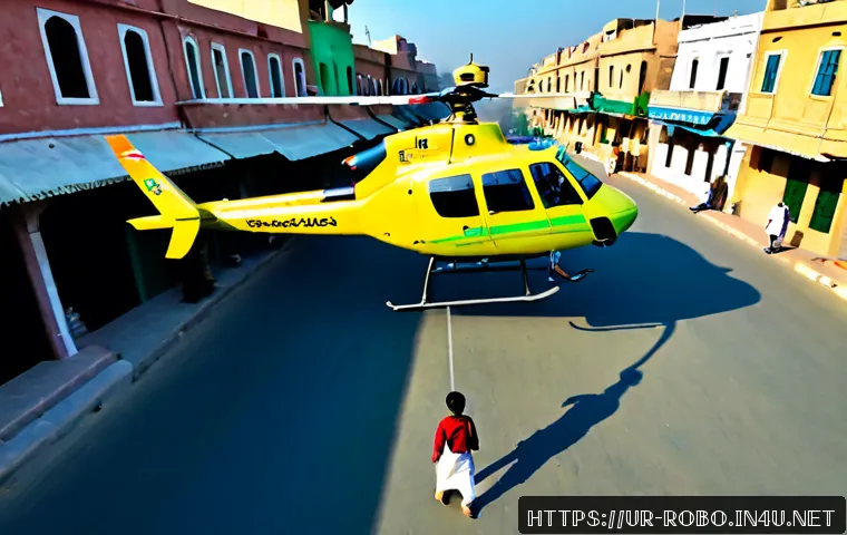 Home 28 로보카폴리 주인공 헬리 - Photorealistic cinematic 3D scene of an original friendly yellow-and-green rescue helicopter charact...