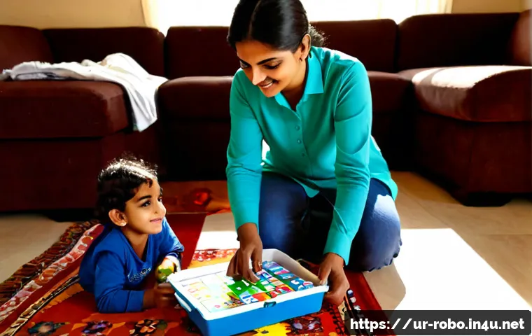 로보카폴리 영어 교육 - Photorealistic Pakistani mother and young child in a bright, tidy living room, using colorful generi...
